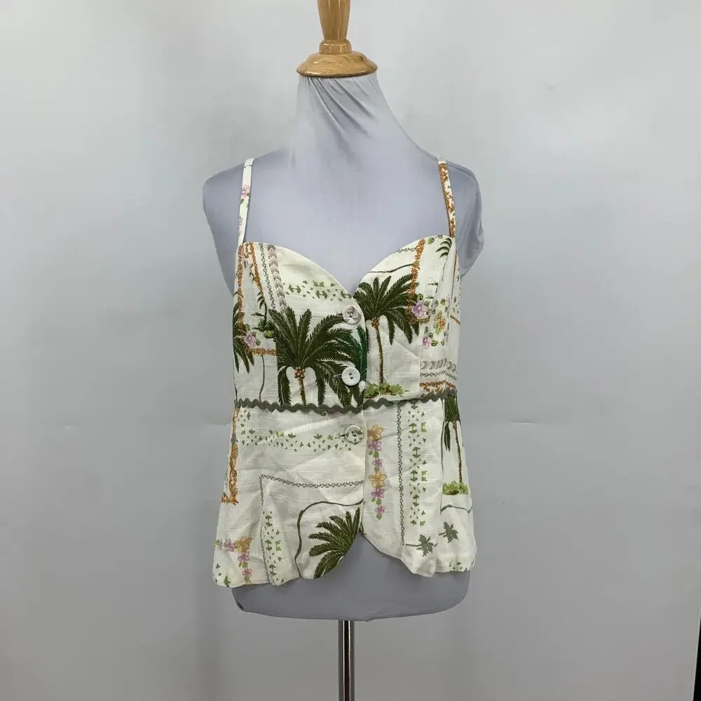 Paper Heart Top Womens M Medium Cream Linen Blend Sweetheart Neck Palm Tree